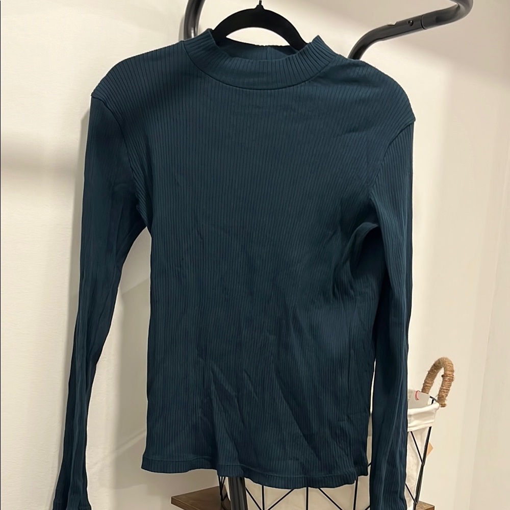 Women's Teal Ribbed Long Sleeve Top Mock Turtleneck- New
